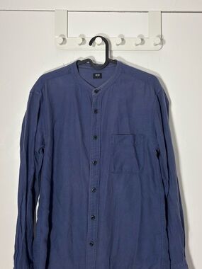 Men's Navy Collarless Button-Up Shirt